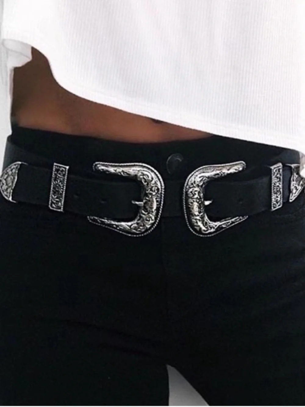 B-Low the Belt Black Double Western Buckle Belt with Silver Hardware